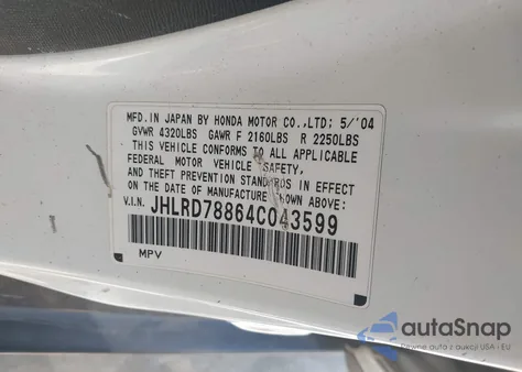 2004 Honda Cr-V Ex z USA, uszkodzony, nr VIN JHLRD78864C043599